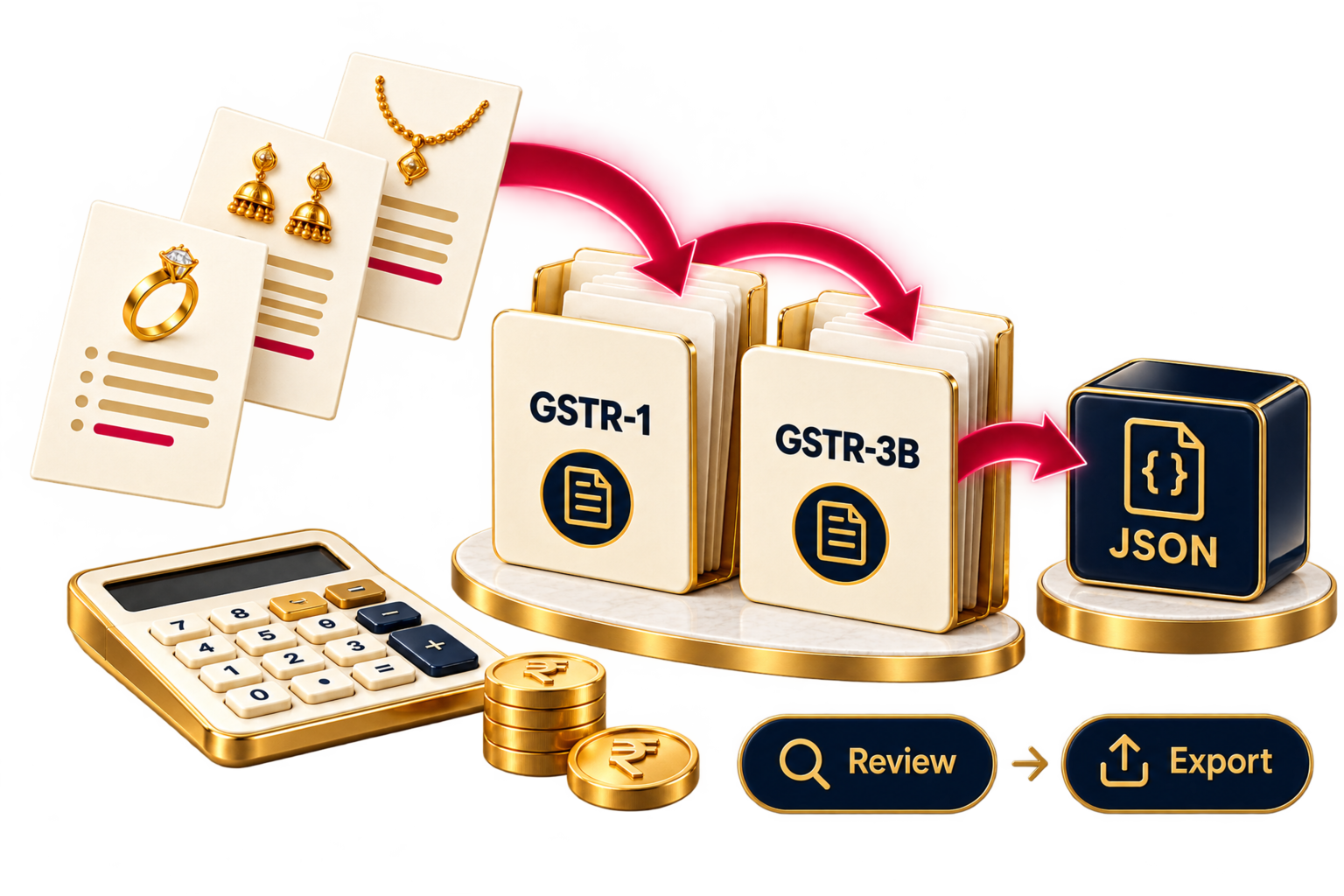 Illustration: From shop records to GST returns. Review records → Prepare return → Export JSON.
