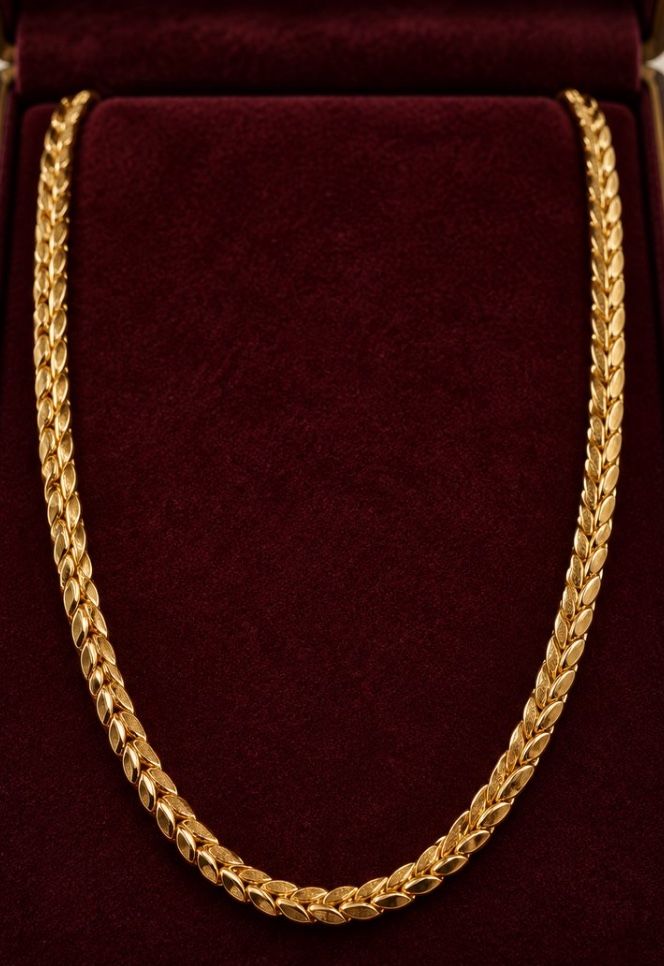 AI Studio render: a cross-leaf gold chain laid on maroon velvet in a jewellery box