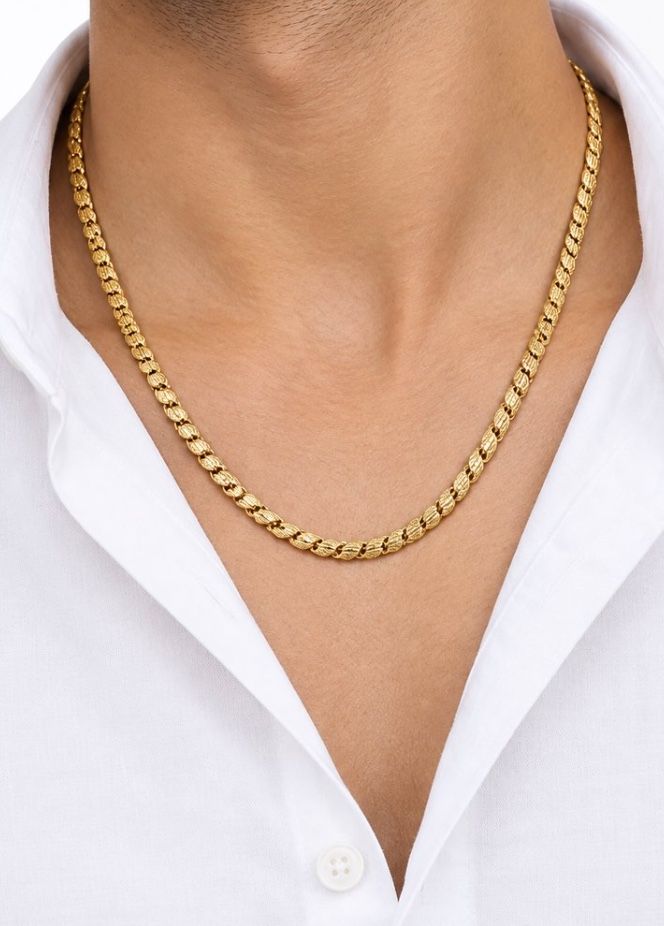 AI Studio render: a fancy gold chain worn at the neck over a white shirt