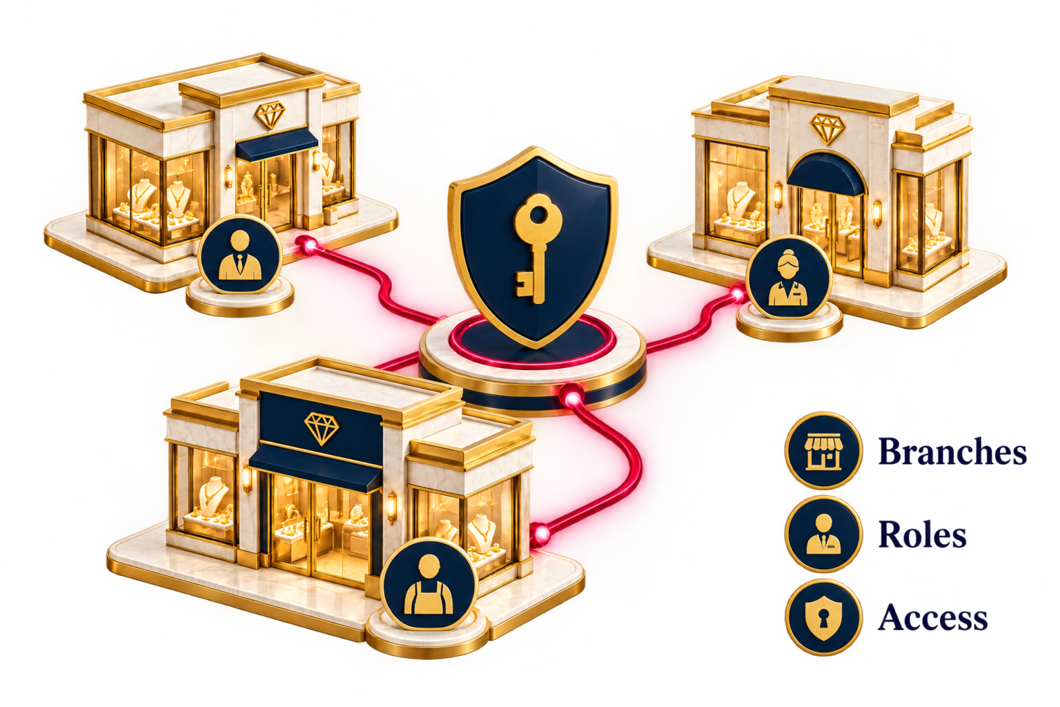 Illustration: One business. Clear branch controls.. Set up branch → Choose modules → Assign roles.