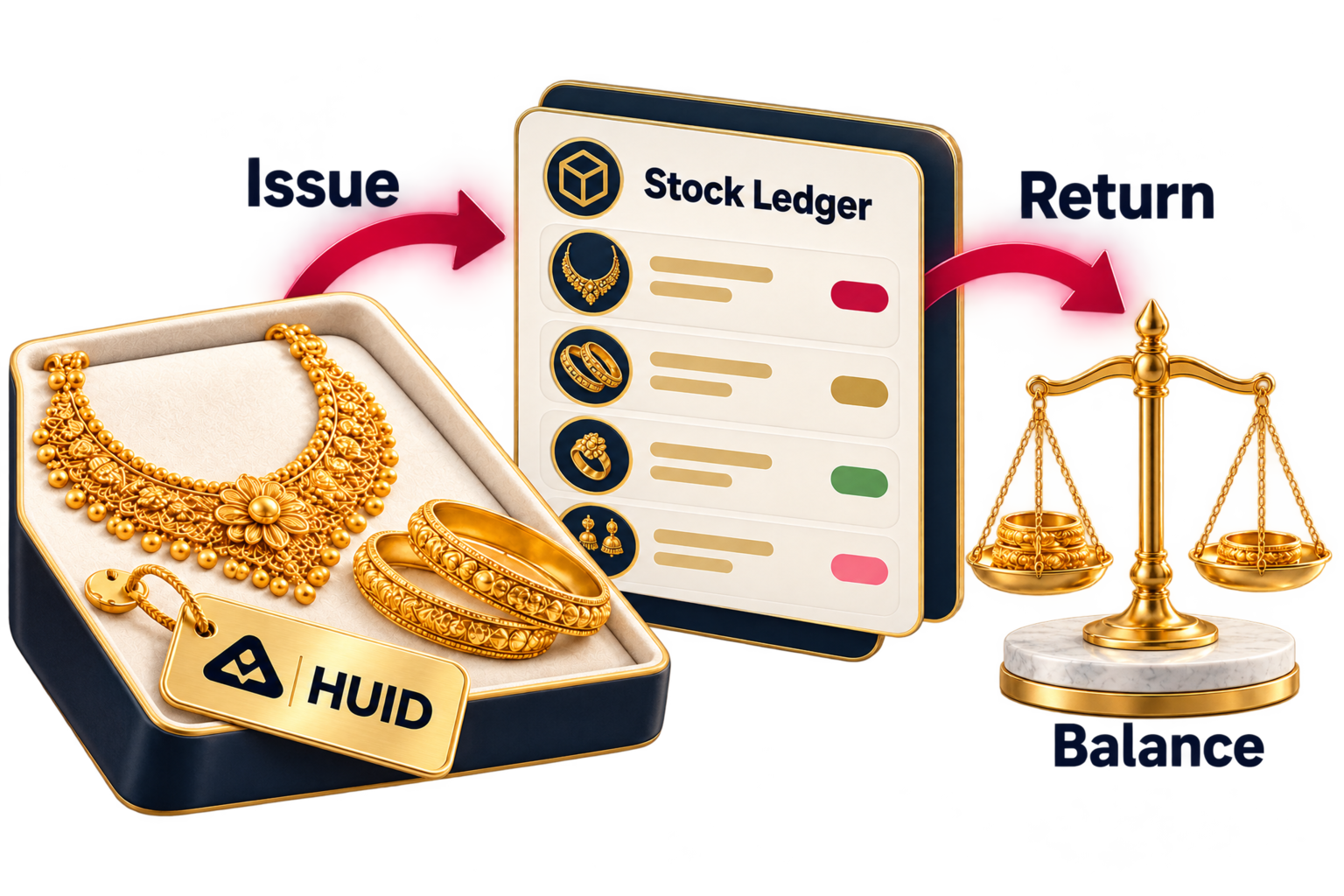 Illustration: Follow every gram. Issue stock → Record return → Check balance.