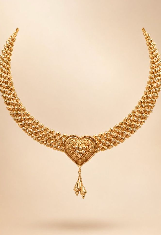 AI Studio render: a gold heart-pendant necklace floating against a warm gradient