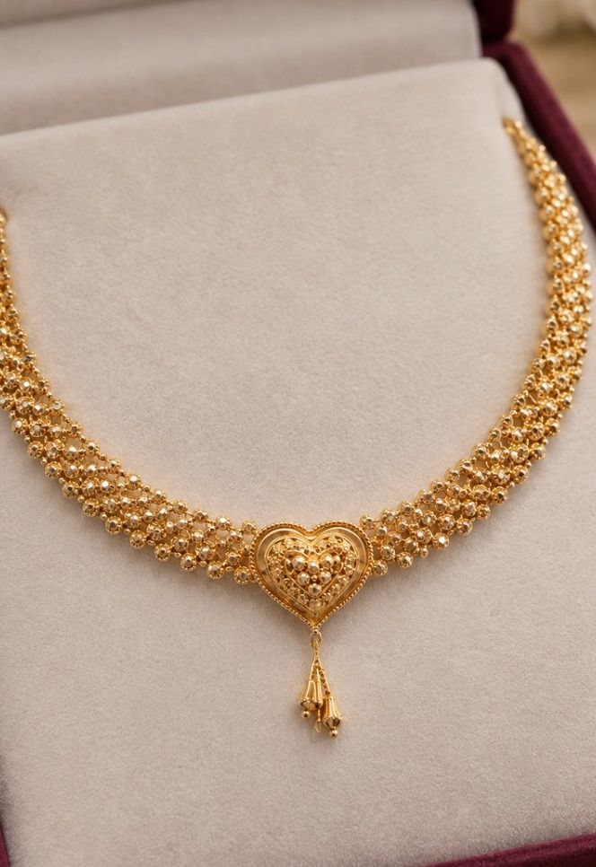 AI Studio render: a gold heart-pendant necklace set in an ivory presentation box