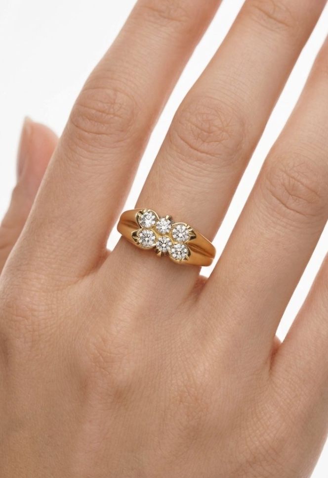 AI Studio render: a diamond-set gold ring worn on a hand