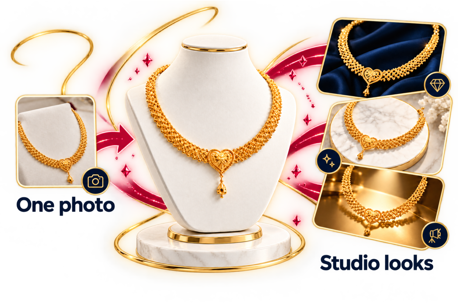 Illustration: Your jewellery, ready to showcase. Add photo → Choose style → Use renders.